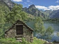 Small alpine hut at Antrona lake Royalty Free Stock Photo