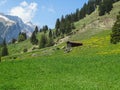 Small alpine hut in swiss Alps near Oeschinensee in Kandersteg