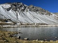 A small alpine lake Lai Nair (Black Lake or Schwarzer See) on the mountain road pass Fluela (FlÃ¼elapass)