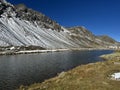 A small alpine lake Lai Nair (Black Lake or Schwarzer See) on the mountain road pass Fluela (FlÃ¼elapass)