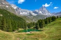 Small alpine lake and mountains with Matterhorn on background in Italy