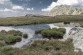 Small alpine lake among white summer clouds