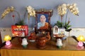 Small altar dedicated to a revered monk in the upper prayer hall of the Chua Nhon An Temple. Hoi An, Vietnam
