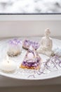 Small altar with Orgonite or Orgone pyramid in home interior. Converting negative energy to positive energy and have healing power Royalty Free Stock Photo