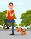 Small angry dog barking at man. Young guy in stress situation. Green park trees and blue sky on background. Flat vector