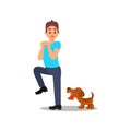 Small angry dog barking at man. Young guy in stress situation. Male character with scared face expression. Flat vector