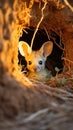 a small animal looking out of a hole