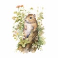 Watercolor Illustration Of A Little Hamster Among Wild Flowers