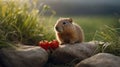 A Captivating Glimpse of a Cute Gopher with Red Bell Peppers on Rock in the Wild Royalty Free Stock Photo