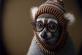 a small animal wearing a hat and glasses with a sweater on it\'s head and a scarf on its neck, with a