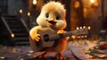 A small, animated Cute Duckling is strumming a guitar.