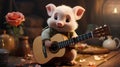 A small, animated Cute piglet is strumming a guitar. Royalty Free Stock Photo