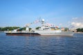 Small anti-submarine ship Kazan in the Neva river on Navy Day celebration in St. Petersburg