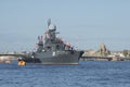 Small anti-submarine ship Urengoy on the background of the Annunciation bridge. St. Petersburg,