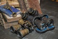 Small Antique Binoculars Next to Worn-out Books Royalty Free Stock Photo