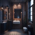 Small Apartment Industrial Style Bathroom Dark Natural Light Brick Wall Hanging Lamps From Ceiling Generative Ai