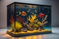 a small aquarium with corals and tropical fish. generative ai