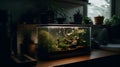 A small aquarium full of aquascape aquatic plant in the table with low light, room filled with flower in a pot Royalty Free Stock Photo