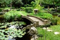 Small arching concrete garden bridge over lush green pond