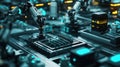 A small automated warehouse section where robotic arms are organizing parts with IoT devices tracking inventory levels