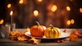 Small autumn pumpkins on a plate, bokeh