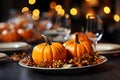 Small autumn pumpkins on a plate, bokeh 3