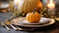 Small autumn pumpkins on a plate, table setting 1