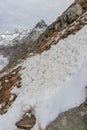 Small avalanche blocking hiking path in alpine region Royalty Free Stock Photo