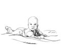 Small baby boy lying on stomach in bed and raising his head and looking ahead with interest, Vector drawing Royalty Free Stock Photo