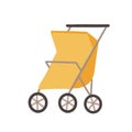 Cute yellow pram isolated kiddo holding handle of perambulator. Toddler sitting in comfortable pushchair with protection