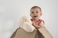 Small baby girl in a box with teddies