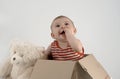 Small baby girl in a box with teddies