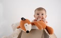 Small baby girl in a box with teddies