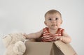 Small baby girl in a box with teddies