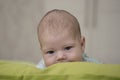 A small baby is hiding peeping behind a green pillow for 2 months. Baby portrait top of the face. Soft light, soft focus Royalty Free Stock Photo