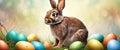A little rabbit with Easter eggs on the background.created with the help of artificial intelligence. Royalty Free Stock Photo