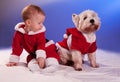 Small baby in Santa Claus and dog in Santa Claus costume Royalty Free Stock Photo