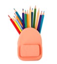 Small backpack full of color pencils on white, top view Royalty Free Stock Photo