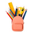 Small backpack full of pencils and school stationery on background, top view Royalty Free Stock Photo