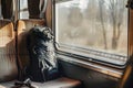 small backpack resting on an empty train seat with a window view