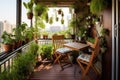 small balcony garden with a table, chair, and various hanging plants Royalty Free Stock Photo