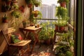small balcony garden with a table, chair, and various hanging plants Royalty Free Stock Photo