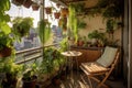 small balcony garden with a table, chair, and various hanging plants Royalty Free Stock Photo