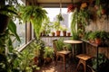 small balcony garden with a table, chair, and various hanging plants Royalty Free Stock Photo