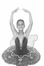 Small ballerina. Talented ballet dancer. Kid dress ballet skirt white background isolated. Child practice dancing. Girl