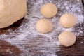 Small balls of fresh homemade dough on floured