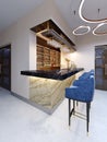 A small bar in the bar area with a seating area. Marble counter with blue bar stools and shelves with alcoholic beverages