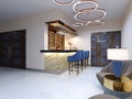 A small bar in the bar area with a seating area. Marble counter with blue bar stools and shelves with alcoholic beverages