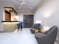 A small bar in the bar area with a seating area. Marble counter with blue bar stools and shelves with alcoholic beverages