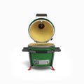 Small barbecue green color BBQ grill with open lid for outdoor prepare meat food front view 3d illustration on white